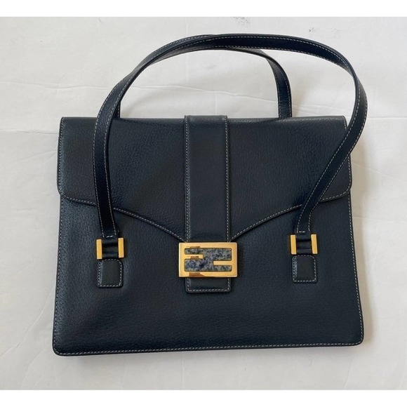 Fendi Navy Blue Leather top handle with marbel clasp Vintage - Picture 2 of 11